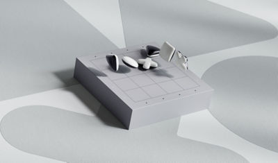 Dynamic illustration of black and white PlayStation Shapes pieces floating above a grey game board
