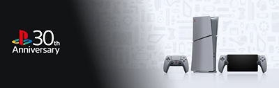 Keyvisual PlayStation 30th Anniversary. Eine graue PS5-Konsole, DualSense-Controller und das PlayStation Portal sind rechts zu sehen. Es gibt keinen Begleittext oder Call-to-Action.