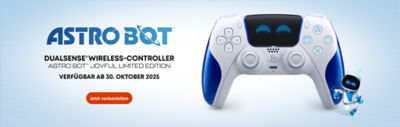 Werbebanner für den DualSense Wireless-Controller – Joyful Limited Edition von Astro Bot. Der weiß-blaue Controller ist zentriert mit einem lächelnden Gesicht auf dem Touchpad. Rechts steht die Figur Astro Bot. Text kündigt die Verfügbarkeit ab dem 30. Oktober 2025 an, mit einem roten Button „Jetzt vorbestellen“.