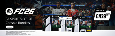 Promotional banner featuring PS5, PS5 Pro, and PS5 Digital Edition console bundles with EA SPORTS FC 26, set against a stadium crowd background with Real Madrid and Bayern Munich players, highlighting savings for PS Plus members with Shop now button.