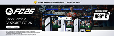 Bannière promotionnelle présentant les packs console PS5, PS5 Pro et PS5 Édition Digitale avec EA SPORTS FC 26, sur fond de stade avec des joueurs du Real Madrid et du Bayern Munich, mettant en avant des économies pour les abonnés PS Plus avec bouton Accéder à la boutique.