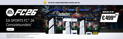 Promobanner met PS5-, PS5 Pro- en PS5 Digital Edition-consolebundels met EA SPORTS FC 26, tegen een stadionachtergrond met spelers van Real Madrid en Bayern München, die dagelijkse besparingen voor PS Plus-leden benadrukt, met Shop nu-knop.