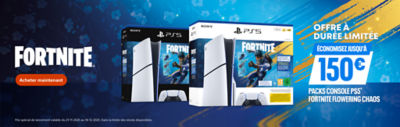 Bannière promotionnelle Fortnite montrant deux packs PS5 avec le design Fortnite Flowering Chaos. Le texte indique : « Offre à durée limitée. Économisez jusqu’à 150 € sur les packs console PS5® Fortnite Flowering Chaos. » Bouton « Acheter maintenant » à gauche, sur un fond bleu et jaune.