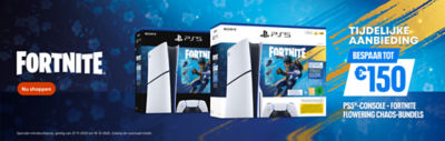 Promotiebanner voor Fortnite met twee PS5-bundels met Fortnite Flowering Chaos-ontwerp. Tekst: “Tijdelijke aanbieding. Bespaar tot €150 op PS5®-console – Fortnite Flowering Chaos-bundels.” Een “Nu shoppen”-knop verschijnt links, met een blauw-gele achtergrond.
