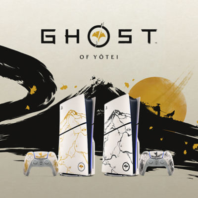 Promotional image for Ghost of Yōtei Limited Edition PS5 consoles and DualSense controllers. The design features two PS5 consoles with white panels, decorated with black and gold mountain artwork, alongside matching controllers. Background includes brushstroke art, falling leaves, and a setting sun with a lone warrior silhouette.