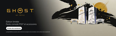 Deux consoles PS5® en édition limitée et leurs manettes sans fil DualSense® assorties, avec des motifs Ghost of Yōtei dorés et noirs. L’arrière-plan représente une silhouette de montagne stylisée avec un soleil jaune et deux silhouettes de samouraïs.