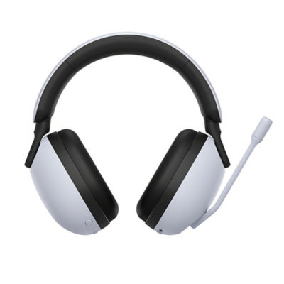 Front view of a white gaming headset with a microphone extended from the left ear pad, facing upwards