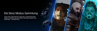 "Story Mode Collection Banner mit PS-Zubehör und Charakteren aus Ghost of Yotei, God of War und Horizon Forbidden West. "