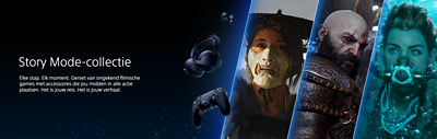 Story Mode Collection banner met PS-accessoires en personages uit Ghost of Yotei, God of War en Horizon Forbidden West.