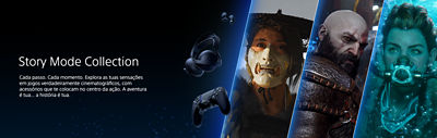 Banner Story Mode Collection com acessórios PS e personagens de Ghost of Yotei, God of War e Horizon Forbidden West.