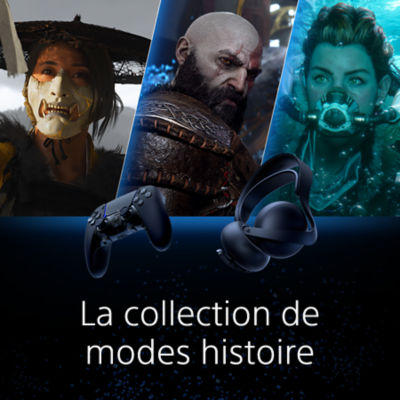 Image promotionnelle pour la collection de modes histoire, présentant des accessoires tels qu’un casque PlayStation noir et une manette DualSense, avec en arrière-plan des illustrations cinématiques de trois personnages PlayStation : un guerrier masqué, Kratos de God of War et Aloy de Horizon. Texte : « La collection de modes histoire ».