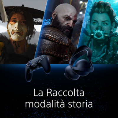 Immagine promozionale per la Raccolta modalità storia con accessori come un headset PlayStation nero e un controller DualSense, sullo sfondo illustrazioni cinematografiche di tre personaggi PlayStation: un guerriero mascherato, Kratos di God of War e Aloy di Horizon. Testo: « La Raccolta modalità storia ».