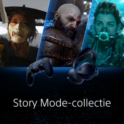 Promotieafbeelding voor de Story Mode-collectie met accessoires zoals een zwart PlayStation-headset en een DualSense-controller, met op de achtergrond filmische beelden van drie PlayStation-personages: een gemaskerde krijger, Kratos uit God of War en Aloy uit Horizon. Tekst: “Story Mode-collectie”.