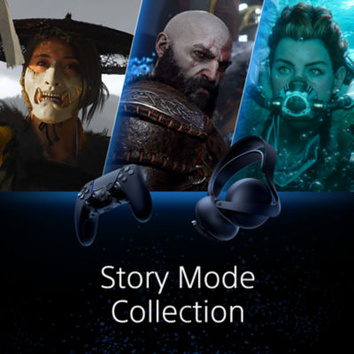 Imagem promocional da Story Mode Collection com acessórios como auscultadores pretos da PlayStation e um comando DualSense. Em segundo plano, arte cinemática com três personagens da PlayStation: um guerreiro mascarado, Kratos de God of War e Aloy de Horizon. Texto: « Story Mode Collection ».