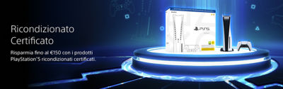 Banner promozionale che mostra i prodotti PlayStation 5 Ricondizionati Certificati su una piattaforma futuristica illuminata di blu. L’immagine presenta una console PS5 e un controller DualSense nelle loro confezioni, con il testo “Ricondizionato Certificato — Risparmia fino a 150 € sui prodotti PlayStation 5 Ricondizionati Certificati.”