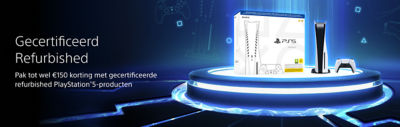 Promotiebanner met PlayStation 5 Gecertificeerde Gereviseerde producten op een futuristisch blauw verlicht platform. De afbeelding toont een PS5-console en DualSense-controller in hun verpakking, met de tekst “Gecertificeerd Gereviseerd — Bespaar tot €150 op PlayStation 5 Gecertificeerde Gereviseerde producten.”