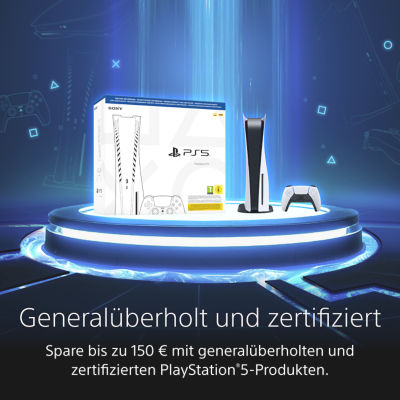 Werbebanner von PlayStation mit der PlayStation 5 Konsole, DualSense Controller und Verpackung auf einer leuchtenden blauen Plattform. Generalüberholt und zertifiziert – Spare bis zu 150 € mit generalüberholten und zertifizierten PlayStation 5-Produkten.