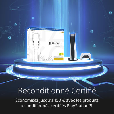 Image promotionnelle PlayStation présentant la console PS5 reconditionnée certifiée sur une plateforme lumineuse bleue, avec le texte “Reconditionné Certifié – Économisez jusqu’à 150 € avec les produits reconditionnés certifiés PlayStation 5”