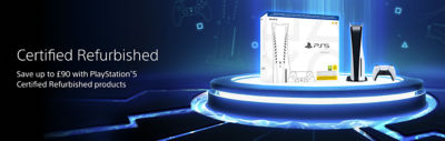 Promotional banner showing PlayStation 5 Certified Refurbished products on a futuristic blue-lit platform. The image features a PS5 console and DualSense controller in their packaging, with text that reads “Certified Refurbished — Save with PlayStation 5 Certified Refurbished products.”