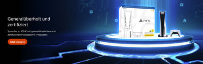 Werbebanner von PlayStation mit der PlayStation 5 Konsole, DualSense Controller und Verpackung auf einer leuchtenden blauen Plattform. Generalüberholt und zertifiziert – Spare bis zu 100 € mit generalüberholten und zertifizierten PlayStation 5-Produkten.