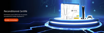 Image promotionnelle PlayStation présentant la console PS5 reconditionnée certifiée sur une plateforme lumineuse bleue, avec le texte “Reconditionné Certifié – Économisez jusqu’à 100 € avec les produits reconditionnés certifiés PlayStation 5”