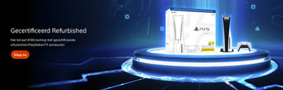 PlayStation 5 gecertificeerd refurbished console en DualSense-controller op een verlichte blauwe platform, met tekst “Gecertificeerd Refurbished – Pak tot wel €100 korting met gecertificeerde refurbished PlayStation 5-producten” 