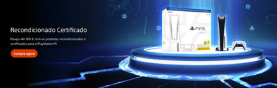 Imagem promocional da PlayStation com o console PS5 recondicionado certificado e o comando DualSense sobre uma plataforma azul iluminada, com o texto “Recondicionado Certificado – Poupe até 100 € em produtos PlayStation 5 recondicionados certificados.