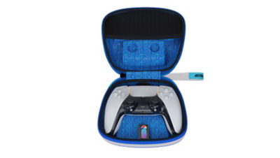 Astro Bot case for DualSense wireless controller opened with blue print lining and controller on show 