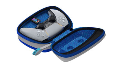 Astro Bot case for DualSense wireless controller opened with blue print lining and controller on show 