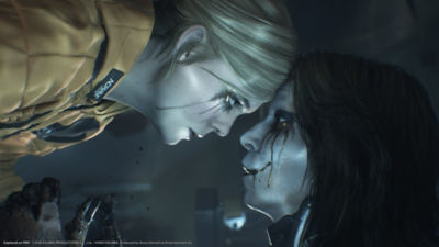 Death Stranding 2: On the Beach screenshot showing Tomorrow and Higgs face to face
