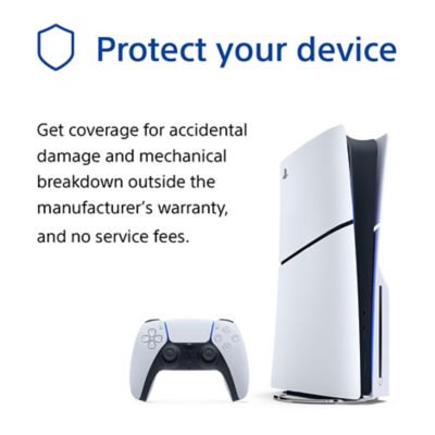 Promotional image with the headline “Protect your device,” showing a PlayStation 5 console and DualSense wireless controller on a white background. Text reads “Get coverage for accidental damage and mechanical breakdown outside the manufacturer’s warranty, and no service fees.”