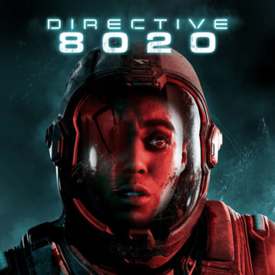 The cover art for "Directive 8020," showing a terrified astronaut, whose helmet is cracked and reflects a monstrous figure, lit with red and blue.