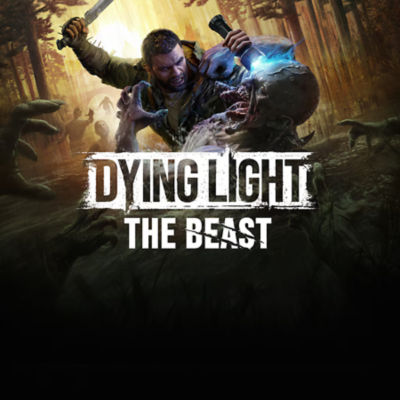 The cover art for "Dying Light: The Beast," showing a man fighting a large monster in a forest, using a machete and a UV flashlight as other zombies surround them.