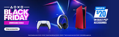 alt=""Black Friday Unmissable deals. Save up to $20 on select PS5® Accessories. *Sale for DualSense from 11/22/24 - 12/12/24. **Sale for Pulse Elite from 11/22/24 -  01/02/25. ***Sale for Console Covers from 11/22/24 - 12/24/24. While supplies last. Shop accessories"""