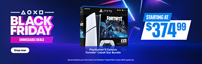 alt="Black Friday Unmissable deals. Starting at $374.99. PlayStation®5 Console - Fortnite® Cobalt Star Bundle. Special introductory price. Price shown is for PlayStation®5 Digital Edition Console. While supplies last. Shop now"