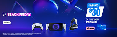 PlayStation Black Friday banner showing text “Save up to $30 on select PS5 accessories.” Displays a DualSense controller, PlayStation Portal, and Pulse 3D wireless headset on a blue and purple background with PlayStation shapes. Includes Klarna and Visa logos.