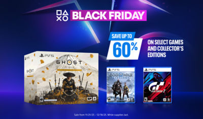 PlayStation Black Friday banner with text “Save up to 60% on select games and collector’s editions.” Features PS5 games Ghost of Yōtei Collector’s Edition, God of War Ragnarök, and Gran Turismo 7 displayed on a blue and purple background with PlayStation symbols.
