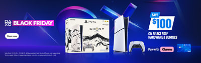 PlayStation Black Friday banner. Features PS5 console, DualSense controller, and Ghost of Yōtei Limited Edition bundle box. Text reads “Save up $100 on select PS5 hardware & bundles.”