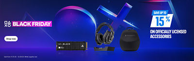 PlayStation Black Friday banner with text “Save up to 15% on officially licensed accessories.” Shows PlayStation-licensed products including a WD_BLACK NVMe SSD, a wireless gaming headset with base stand, and a PlayStation VR2 carrying case on a blue and purple background with PlayStation symbols. Text at bottom: “Sale from 11/21/25 – 12/24/25. While supplies last.”