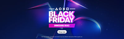 PlayStation Black Friday “Unmissable Deals” promotional banner featuring a glowing purple and blue gradient background with PlayStation symbols. The headline “Black Friday” appears in bright pink and white text, with a “Shop now” button below.