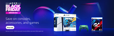 PlayStation Black Friday promotional banner with headline “Save on consoles, accessories, and games.” Shows a PS5 console box, a DualSense controller, and a Gran Turismo 7 game case on a blue and purple gradient background, with a “Shop now” button.