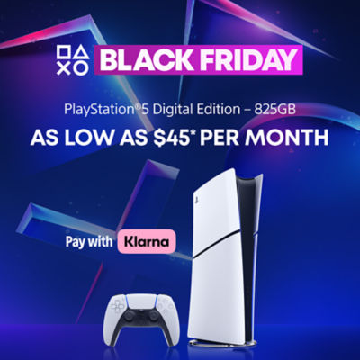 PlayStation Black Friday promotion for the PS5 Digital Edition (825GB). The text reads “As low as $45* per month” with the option to “Pay with Klarna.” The image features the white PS5 console and a matching DualSense controller on a blue and purple gradient background with PlayStation button icons.
