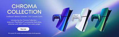 alt="Chroma Collection. DualSense® Wireless Controller | PS5® Console Covers. Introducing the Chroma Collection – iridescent PlayStation®5 accessories that shine, shimmer and shift colour from every angle. Available Now. PS5 console, PS5 console covers and controllers all sold separately."