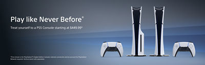 alt="Play like Never Before® Treat yourself to a PS5 console starting at £389.99*. *Price shown is for PlayStation®5 Digital Edition Console. Internet connection and an account for PlayStation Network required. Vertical stand sold separately"