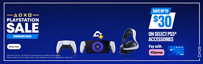 PlayStation sale banner with white text reading “Save up to $30 on select PS5 accessories.” On the left, the PlayStation logo and “Unmissable Deals” tagline. Product lineup includes a DualSense controller, PlayStation Portal handheld device, and Pulse headset. Payment options shown at the bottom include Klarna and the PlayStation Visa card.