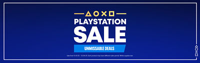 PlayStation banner with bold white text reading “PlayStation Sale” and a blue strip underneath that says “Unmissable Deals.” A “Shop now” button is centered below. Background is deep blue with PlayStation symbols (triangle, circle, cross, square) at the top. Fine print mentions “Sale from 11/21/25 – 12/24/25.”