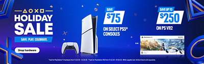 "alt=""Holiday Sale. Save. Play. Celebrate. Save $75 on select PS5® Consoles. Save up to $250 on PS VR2​. *Sale for PlayStation®5 hardware from 11/22/24 – 12/24/24.  **Sale for PlayStation VR2 from 11/22/24 - 01/02/25.  While supplies last. Vertical Stand sold separately. Shop hardware"""