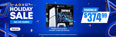 alt="Holiday Sale Unmissable deals. Starting at $374.99. PlayStation®5 Console - Fortnite® Cobalt Star Bundle. Special introductory price. Price shown is for PlayStation®5 Digital Edition Console. While supplies last. Shop now"