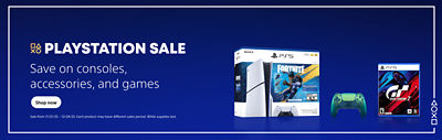Blue promotional banner with white text reading “PlayStation Sale – Save on consoles, accessories, and games.” On the right, a PlayStation 5 console box featuring Fortnite, a green DualSense controller, and the Gran Turismo 7 game case are displayed. A “Shop now” button appears below, along with the sale period “11/21/25 – 12/24/25” in small text.