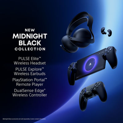 alt="New Midnight Black Collection. PULSE Elite™ wireless headset - Midnight Black - PS5. PULSE Explore™ wireless earbuds - Midnight Black - PS5. PlayStation Portal™ Remote Player - Midnight Black. DualSense Edge™ Wireless Controller - Midnight Black. Midnight Black accessories all sold separately. Screen content simulated."